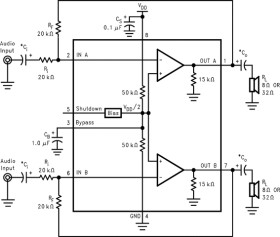 250-mW, stereo, analog input Class-AB audio amplifier with shutdown mode