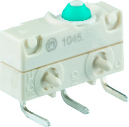 Subminiature snap-action switch, On-On, PCB connection, pin plunger, 2.6 N, 5 (5) A/250 VAC, IP67, 1045.3102