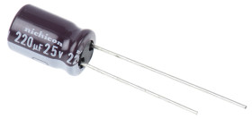 Kondensator 220μF 25V dc Radialny, Otwór przelotowy Nichicon roztaw: 3.5mm 8 (Dia.) x 11.5mm