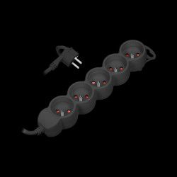 Przedłużacz 5-krotny 2P+Z. 3m H05VV-F 3x1.0mm2. Imax 10A. płaska wtyczka. czarny OR-AE-13149/B/3M