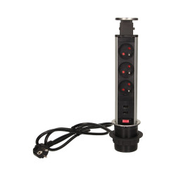 Gniazdo meblowe Ø6cm wysuwane z blatu z ładowarką USB. blokadą i przewodem 1.8m. 3x2P+Z. 2xUSB. INOX OR-AE-1350
