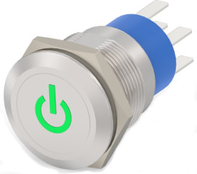 Vandal-proof pushbutton switch, 2 pole, silver, illuminated  (green), 5 A/250 V, mounting Ø 19.2 mm, IP67, 7-2213766-5