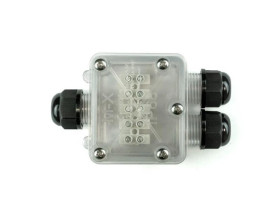 Kwadratowa przeźroczysta puszka instalacyjna IP68, 3 wloty + złącze 5 torowe