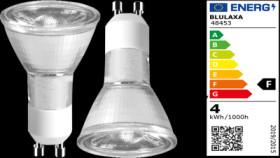 LED lamp, GU10, 4 W, 345 lm, 240 V (AC), 2700 K, 36 °, clear, warm white, F, 48453