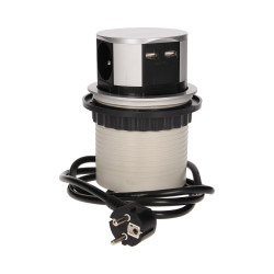 Gniazdo meblowe Ø10cm wysuwane z blatu z ładowarką USB i przewodem 1.5m. 3x2P+Z. 2xUSB OR-AE-1342