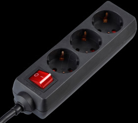 Power strip, 3-way, black with switch