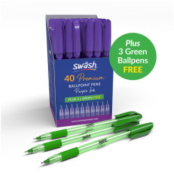 Swash BBT40GN 40 Premium Triangle BP Rubber Grip Purple Green Pens - 3 FREE