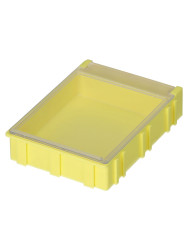 Skrzynka z przegródkami l. przedziałów: 1 szerokość: 63mm wysokość: 21mm głębokość: 85.3mm Przezroczysty, żółty