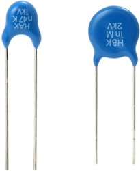 HBK Ceramic Singlelayer DC Disc Capacitors, Class 2, Low Loss (0.5 %), 1 kVDC, 2 kVDC, 3 kVDC