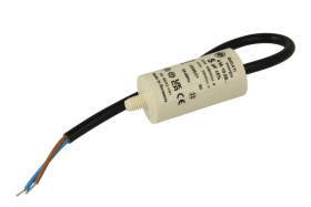 Kondensator; polipropylenowy; silnikowy (rozruchowy); 416100814; 5uF; 425V AC; fi 28x55mm; z przewodami; śruba bez nakrętki; Duc