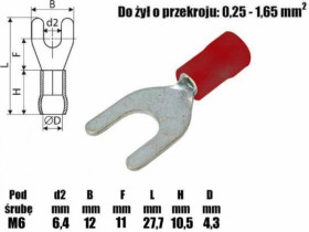 1x Konektor widełki 6,4mm na kabel 0,25-1,65mm2 izolowany czerwony