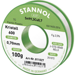 Stannol 811027 Kristall 600 Solder Lead-Free Sn99.3Cu0.7 100g 0.7mm