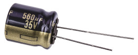 Kondensator 560μF 35V dc Radialny, Otwór przelotowy Panasonic roztaw: 5mm 12.5 (Dia.) x 15mm