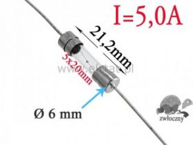 5,0A bezp.szklany wolny; 5x20mm osiowy kpl 2szt