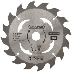 Draper 25877 TCT Cordless Construction C/Saw Blade-Wood-Composites 165x20mm 16T