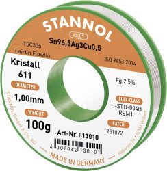 Cyna lutownicza bezołowiowa Stannol Kristall 611 Fairtin bezołowiowa Sn96,5Ag3Cu0,5 REM1 100 g 1 mm