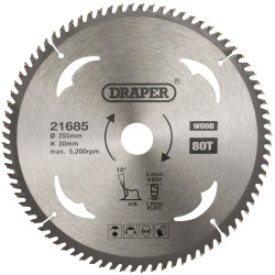 Draper 21685 TCT Circular Saw Blade for Wood, 255 x 30mm, 80T