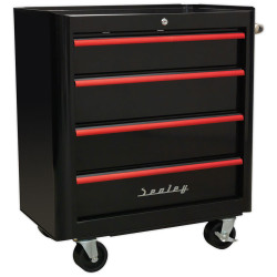 Sealey AP28204BR Rollcab 4 Drawer Retro Style- Black &#x2B; Red Anodised Drawer Pulls
