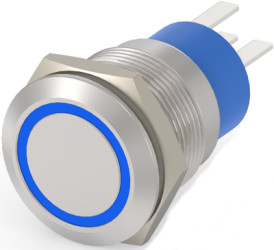 Vandal-proof pushbutton switch, 1 pole, silver, illuminated  (blue), 5 A/250 V, mounting Ø 19.2 mm, IP67, 3-2213767-7