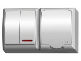 FALA Wyłącznik podwójny świecznikowy z podświetleniem + gniazdo pojedyncze wieczko w kolorze wyrobu biały ZH-Ł2SG/00/w OSPEL