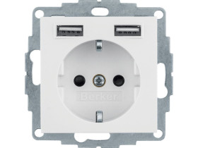 Q.x Gniazdo pojedyncze z uziemieniem schuko z gniazdem ładowania USB 24 A samozaciski biały aksamit 48036089 HAGER