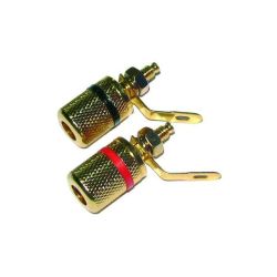 Gniazdo bananowe montażowe duże złote z czerwonym paskiem