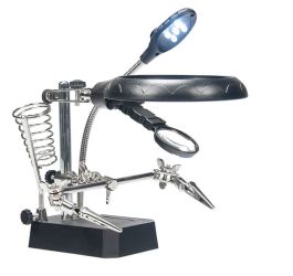 Uchwyt trzecia ręka z lupą, lampka 5x LED, uchwyt na lutownice, podstawka