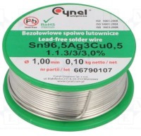 SAC96.5-100-010 Bezołowiowe spoiwo Sn96.5Ag3Cu0.5, grubość 1.0 mm waga 100g - Cynel