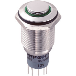 Zip Switch LAS2GQH-22E/G/12V/S/P 16mm IP67 Vandal DPDT Green LED Raised S&#x27;Steel
