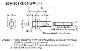 E2A-S08KN04-WP-B2 2M, Czujnik indukcyjny, M8x1, PNP/NC, sr=4mm przewód dł. 2m, dł. obudowy 43mm, czoło odkryte, obudowa ze stali