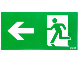Piktogram PD24 140x300 strzałka w lewo człowiek w drzwiach logo awex (ISO7010)