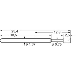 Standard spring contact with probe, round head, Ø 0.65 mm, travel  4.4 mm, pitch 2.54 mm, L 25.4 mm, 1015-D-1.5N-AU-0.65 C