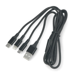Przewód 3w1 USB typ A - microUSB, USB typ C, Lightning - czarny, materiałowy oplot - 1,2m - KK21I