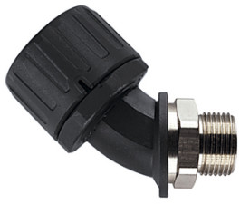 45° hose screw fitting, PG16, 12 mm, PA/brass, nickel plated, IP66, black, (L) 70 mm, 166-23707