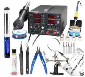 Zestaw Stacja Lutownicza 853D 5A 30V + Akcesoria (groty, cyna, topnik, odsysacz, pinceta, uchwyt, cążki)