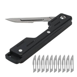 Nóż Składany Kieszonkowy Czarny Skalpel Wymienne Ostrza 10 Sztuk Brelok