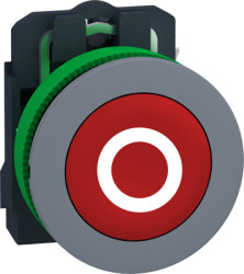 Pushbutton, labeled O, unlit, groping, 1 Form B (N/C), waistband round, red, front ring light gray, mounting Ø 30.5 mm, XB5FA432