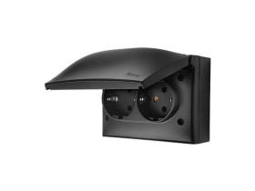 SIMON AQUACLICK Gniazdo podwójne z uziemieniem SCHUKO klapka w kolorze z przesłonami zaciski śrubowe IP44 czarny ACGSZ2Z/49 KONT