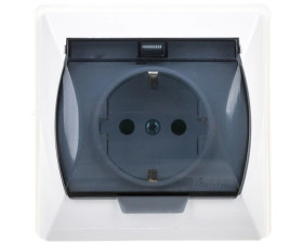 AKCENT Gniazdo bryzgoszczelne z/u Schuko IP44 z przesłonami klapka przezroczysta białe GPH-1ASP/00/d