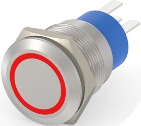 Vandal-proof pushbutton switch, 1 pole, silver, illuminated  (red), 5 A/250 V, mounting Ø 19.2 mm, IP67, 2-2213764-7
