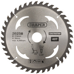 Draper 26258 TCT Construction Circular Saw Blade, 216 x 30mm, 40T