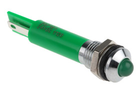 Lampka kontrolna do montażu panelowego 24V dc, zielona 8mm LED Chrom Końcówka lutownicza RS PRO