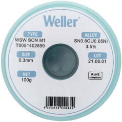 Weller T0051402899 Solder Lead-Free 100g 0.30mm Flux Core Sn0.6Cu0.05Ni