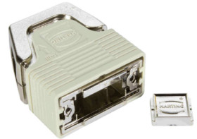 D-Sub connector housing, size: 1 (DE), straight 180°, angled 23°, cable Ø 3.3 to 14 mm, plastic, pebble gray, 09670090210