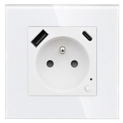 Gniazdo elektryczne z uziemieniem z USB A+C 20W z pomiarem energii (watomierz) ZigBee białe podtynkowe z ramką szklaną - TAWOIA