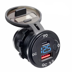 ŁADOWARKA USB-C PD USB QC3.0 niebieski LED aluminium 12/24V woltomierz