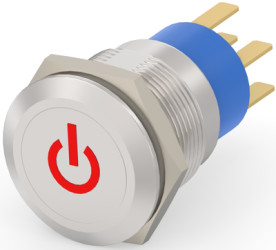 Vandal-proof pushbutton, 2 pole, silver, illuminated  (red), 0.4 A/250 VAC, mounting Ø 19.2 mm, IP67, 4-2213766-6