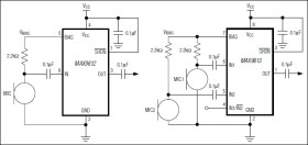 Tiny, Low-Cost, Single/Dual-Input, Fixed-Gain Microphone Amplifiers with Integrated Bias
