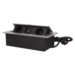 Gniazdo meblowe wpuszczane w blat z płaskim frezowanym rantem. ładowarką USB i przewodem 1.5m. 2x2P+Z. 2xUSB. srebrne OR-AE-1312
