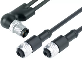 Sensor actuator cable, M12-cable plug, angled to 2 x M12 cable socket, straight, 4 pole/2 x 3 pole, 1 m, PUR, black, 4 A, 77 982